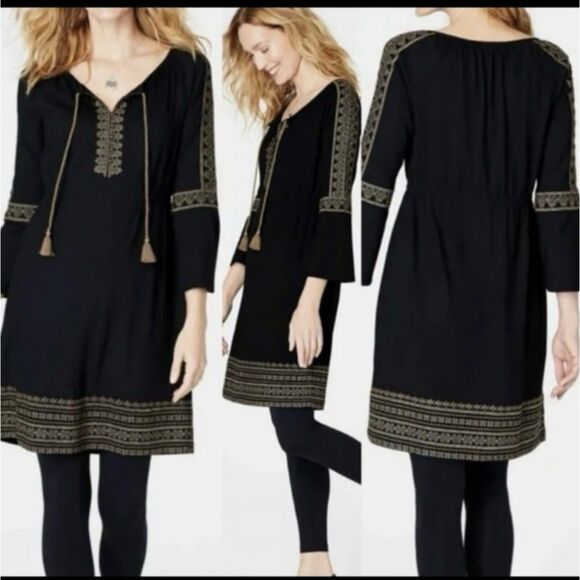 J.Jill Cotton Modal Black Shift Dress 3/4 Bell Sleeve Embroidery Boho Tassels M - Picture 3 of 10